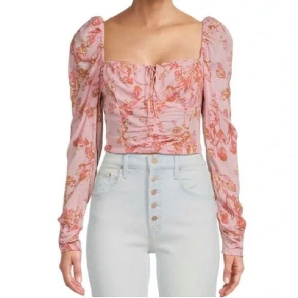 Free People Hilary Printed Long Sleeve Top In Pink Combo - Picture 2 of 4